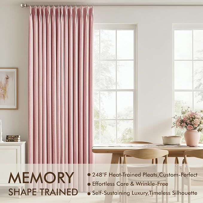 MIULEE Pink Pinch Pleated 100% Blackout Linen Curtains 40x96 Inches | Room - Image 3