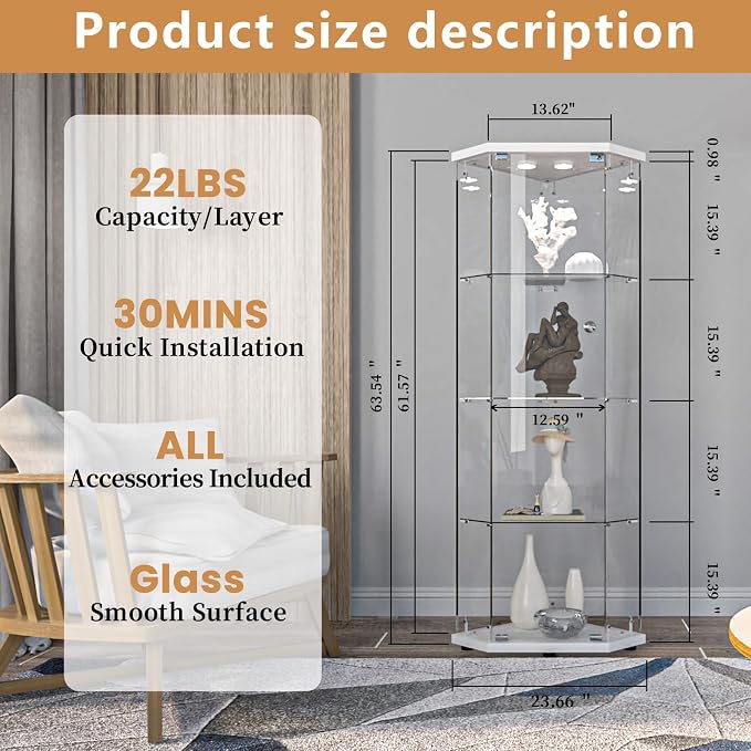 LFT HUIMEI2Y Glass Display Corner Cabinet 4-Shelf, Curio Cabinets Fast - Image 2