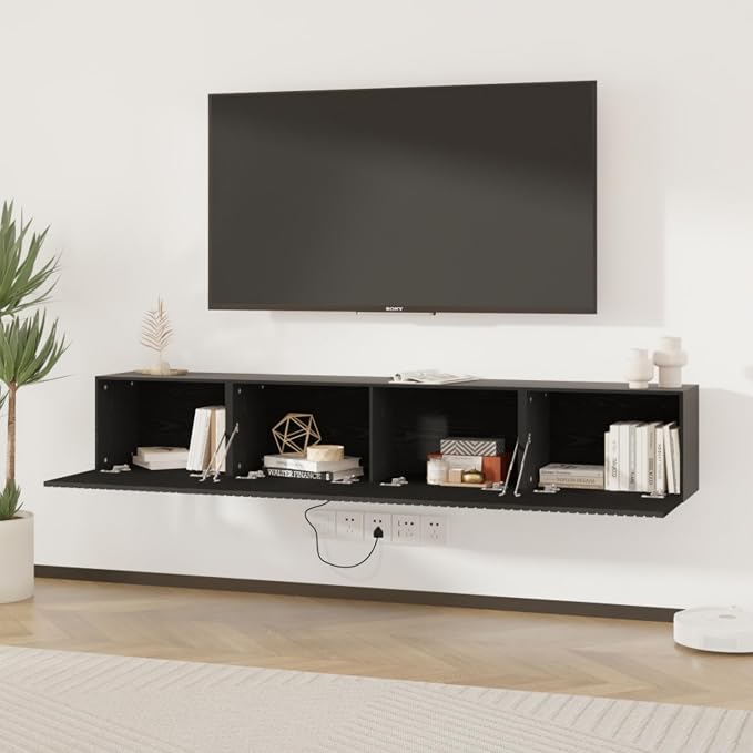 71” Floating TV Stand with LED Lights & Charging Station, Floating Media - Image 4