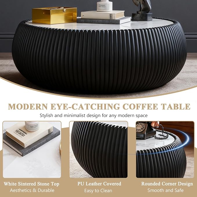 27.55" Round Marble Coffee Table, Modern Fluted Coffee Table - Image 5
