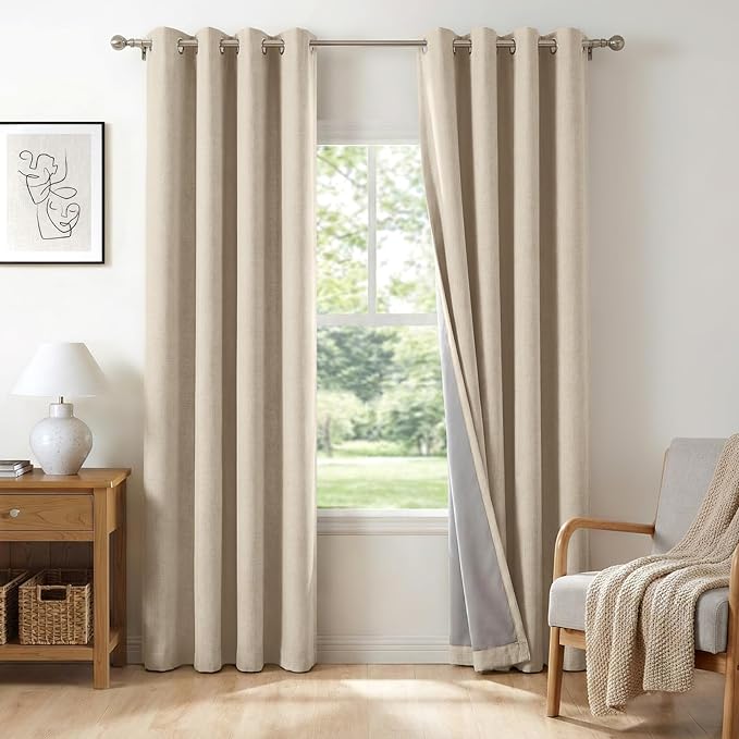 100% Blackout Linen Textured Curtains 90 Inch Long, Natural Flax | 100% by 100BlackoutShield