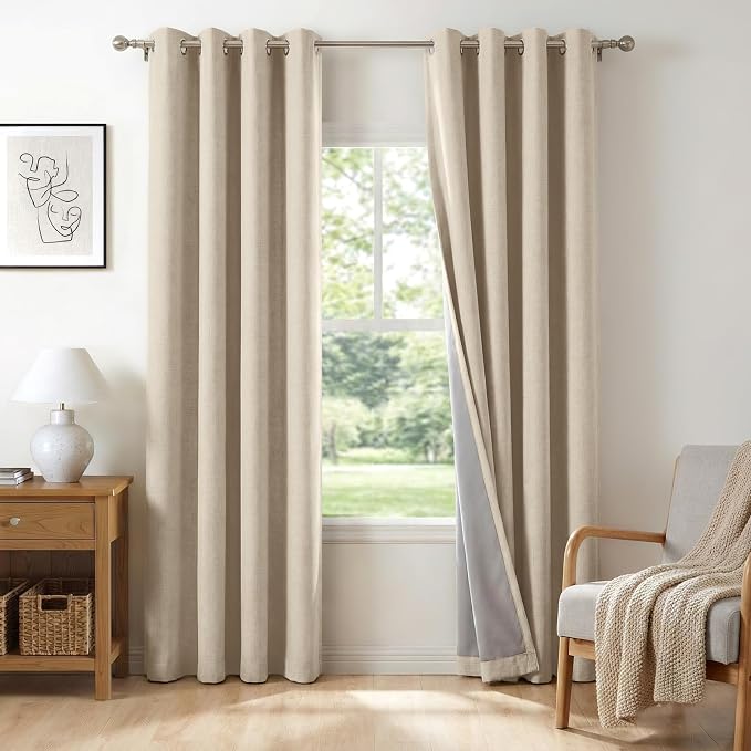100% Blackout Linen Textured Curtains 63 Inch Long, Natural Flax | 100% by 100BlackoutShield