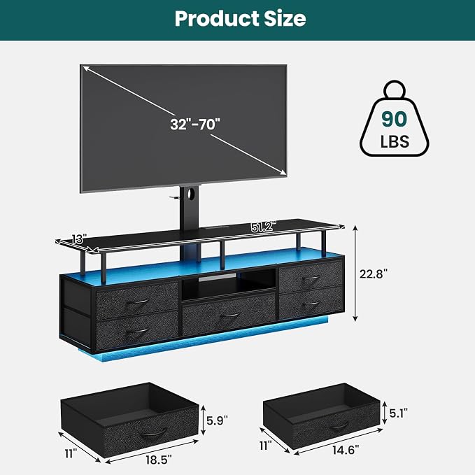 BTHFST TV Stand with Mount for 32/55/65/70 inch TVs, 51.2" LED TV Stand with - Image 2