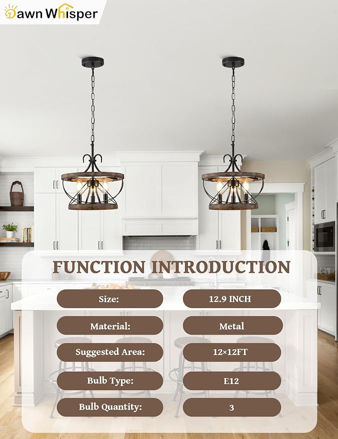 12.9 Inch Farmhouse Chandelier for Dining Room Wood Drum Chandelier Light - Image 4