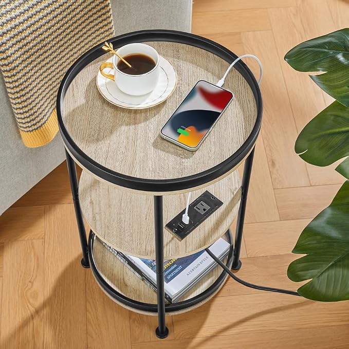 Dulcii Round Side Table with Charging Station, End Table with 3 Shelves - Image 8