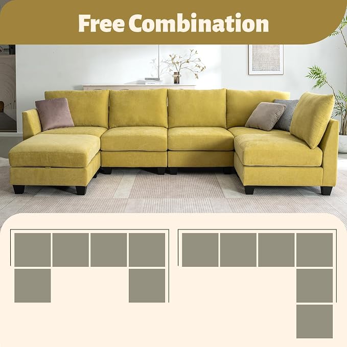 124" Modular Sectional Sofa, Modern Linen U-Shaped 6 Seater Sectional Sofa - Image 7