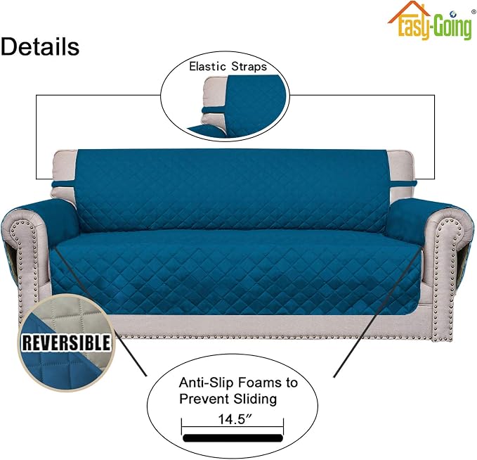 Easy-Going Reversible Couch Cover, 2 Cushion Sofa, Peacockblue/Beige | - Image 3