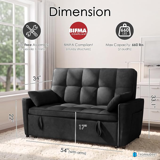 54'' Sleeper Sofa Bed, Convertible Pull Out Couch Futon - Image 2