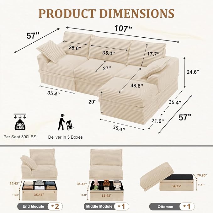 Upgrade Boneless Couch with Storage, Extra Deep&High Seat Modular Sectional - Image 3