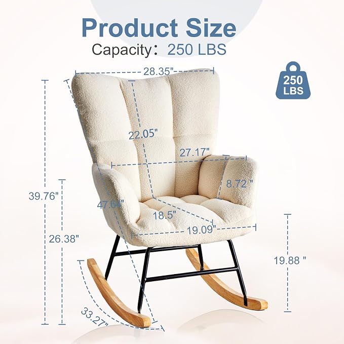 DUMOS Rocking Chair with Wing Backrest, Soft Padded Teddy Upholstered Indoor - Image 2
