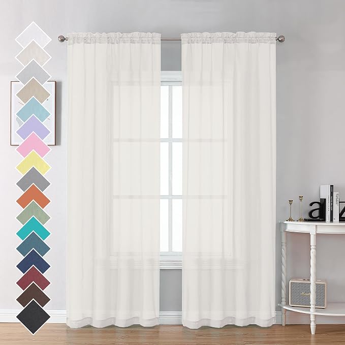 Ivory Sheer Curtains 84 Inch Length 2 Panels by OVZME