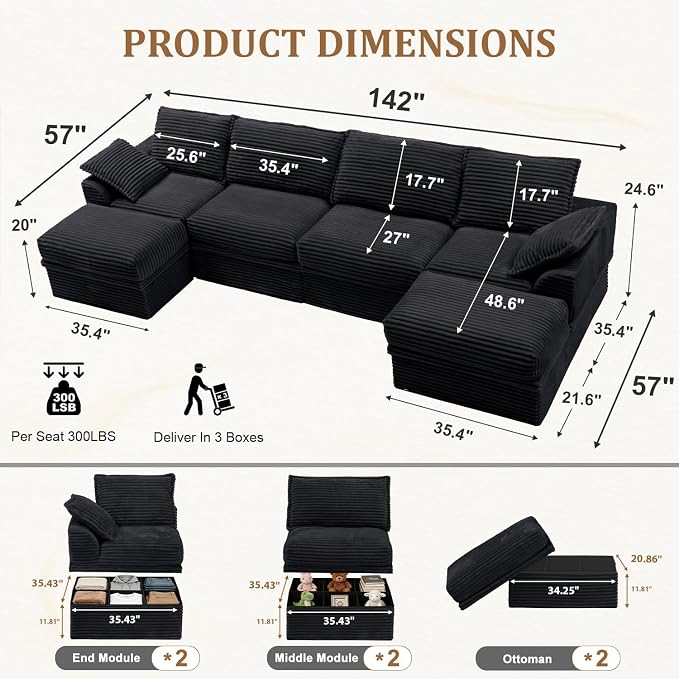 Upgrade Boneless Couch with Storage, Extra Deep&High Seat Modular Sectional - Image 3