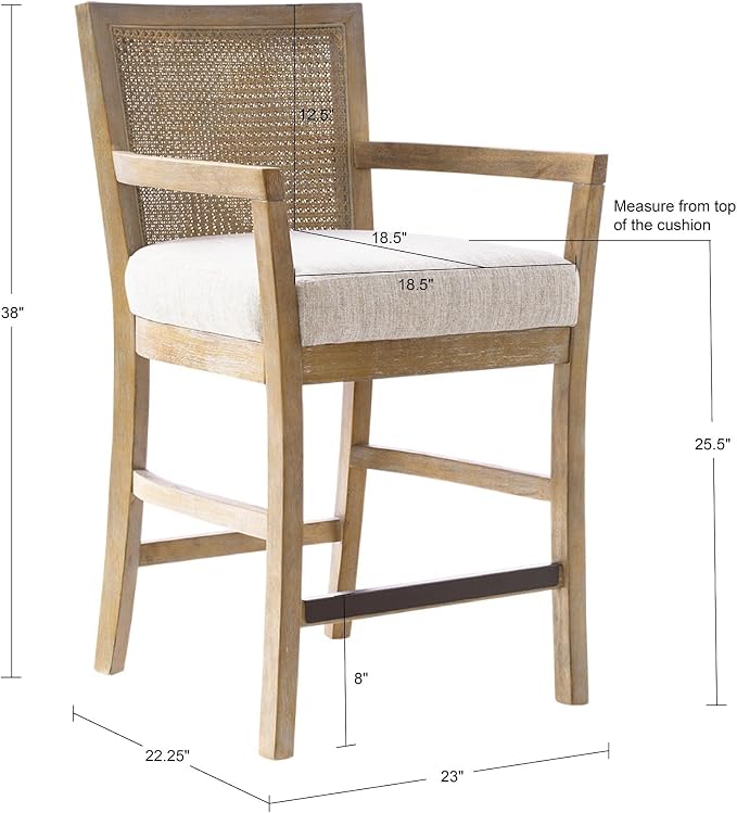 Madison Park Bar Stool with Rattan Back, Wood Counter Height Barstools - Image 3