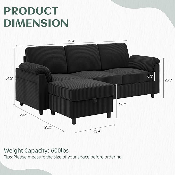 Vongrasig Convertible Sectional Couches, 3 Seat L Shaped Couch Sofa - Image 2