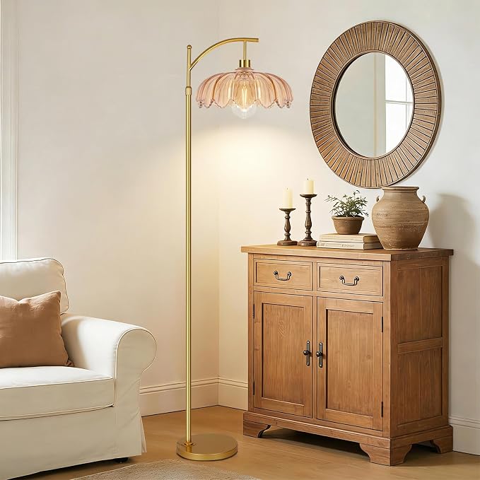 QIYIZM Glass Floor Lamp for Living Room, Mid Century Modern Brass Tall Lamp - Image 3