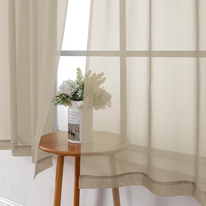 Taupe Sheer Curtains 63 Inch Length 2 Panels, Airy & Breathable Solid Voile Tan - Image 4
