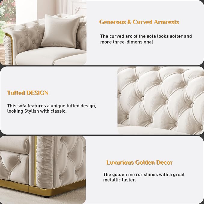 84.6" Luxury Chesterfield Sofa Velvet Tufted Sofa Black and Gold Couch - Image 4