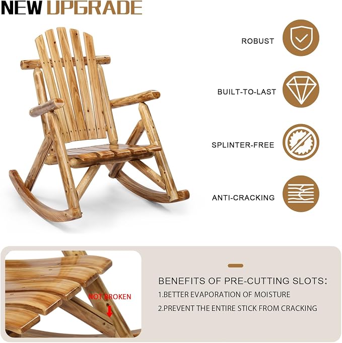 Outvita Wooden Rocking Chair Set of 2, Fir Log Adirondack Rocker, Outdoor Wood - Image 4