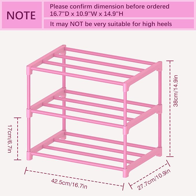 HITHIM 3-Tier Pink Shoe Racks for Women/Girls/Kids' Closet, Small Shoe Storage - Image 3