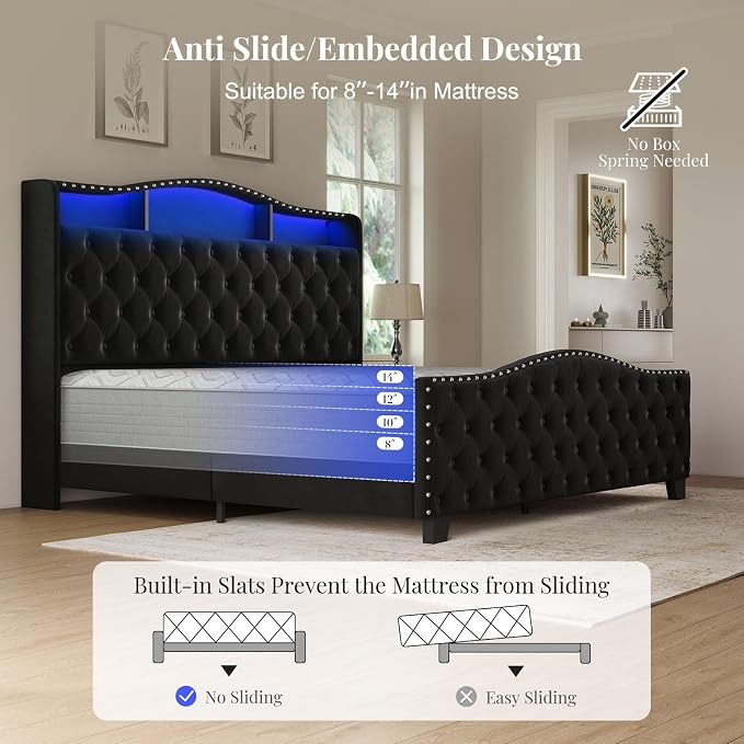 Belffin King Size Bed Frame and Headboard, 50.9" Velvet Upholstered Wingback - Image 5