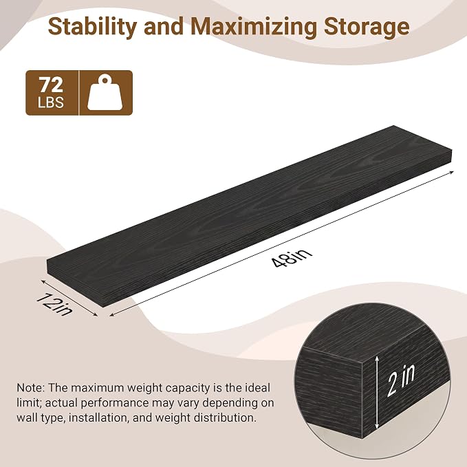 48 Inch Floating Shelves, 12 Inch Deep Floating Shelves - Image 3