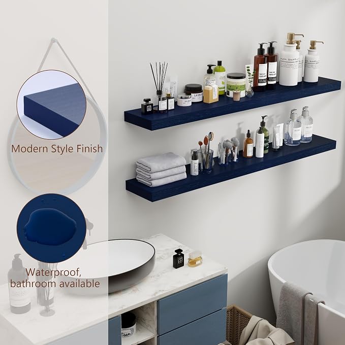 fuqing Dark Blue Floating Shelves 48 Inch, Solid Wooden Wall Shelves Set of 2 - Image 5