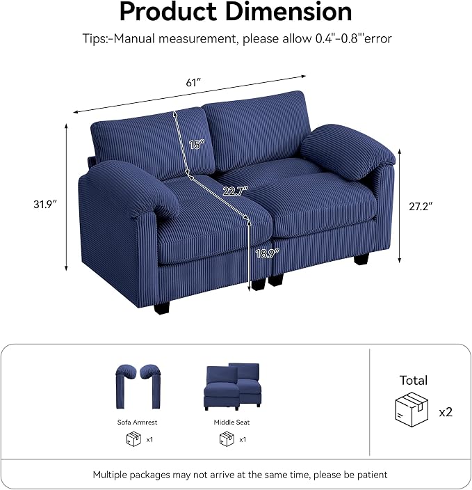 61'' Modular Loveseat Sofa, Extra Deep Seat Cloud Couch - Image 2