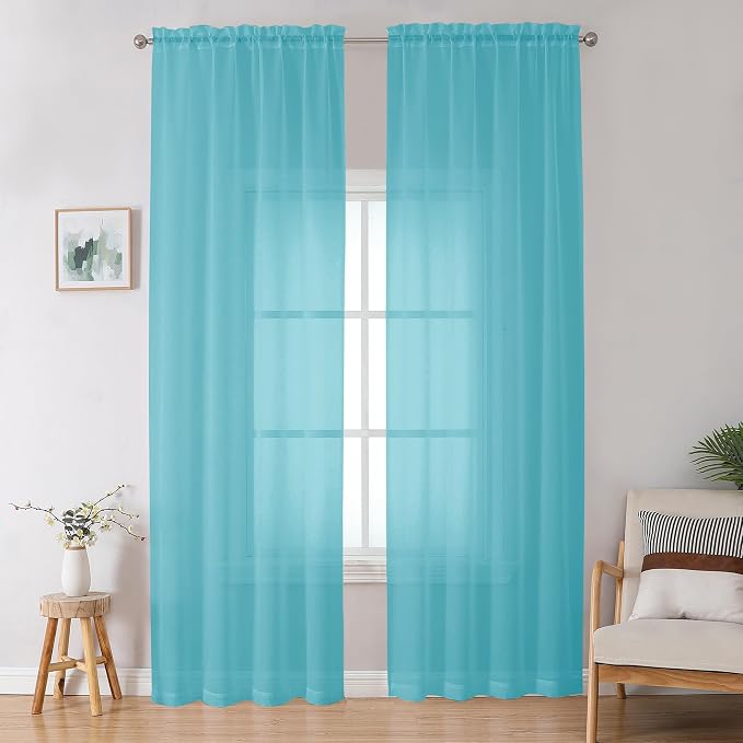 Aqua Sheer Curtains for Bedroom Living Room 96 Inches Long 2 Panels Set by OWENIE