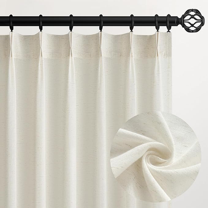 96 Inches Long Pinch Pleated Semi Sheer Curtains, Natural Linen Blended Light by Topfinel