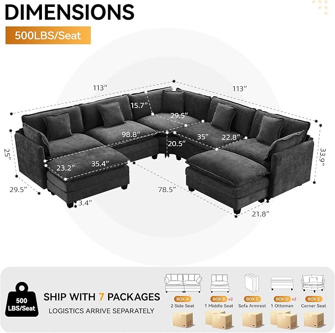 113'' V Shaped Cloud Sectional Sofa, Oversized Deep Seat Couches - Image 2
