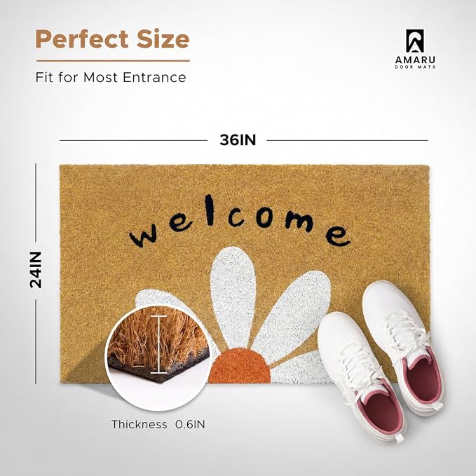 Coir Welcome Mat, Welcome Daisy, 24 x 36 in | 100% Natural Coir, Anti-Shedding - Image 2