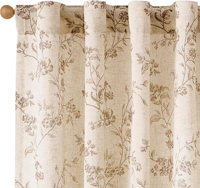 Taupe Vintage Floral Linen Curtains Farmhouse 38W X 90L 2 Panels | Elisa Series by Lazzzy