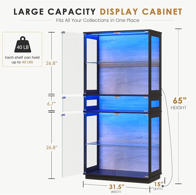 RGB Glass Display Cabinet, 5-Tier Lighted Display Case - Image 2