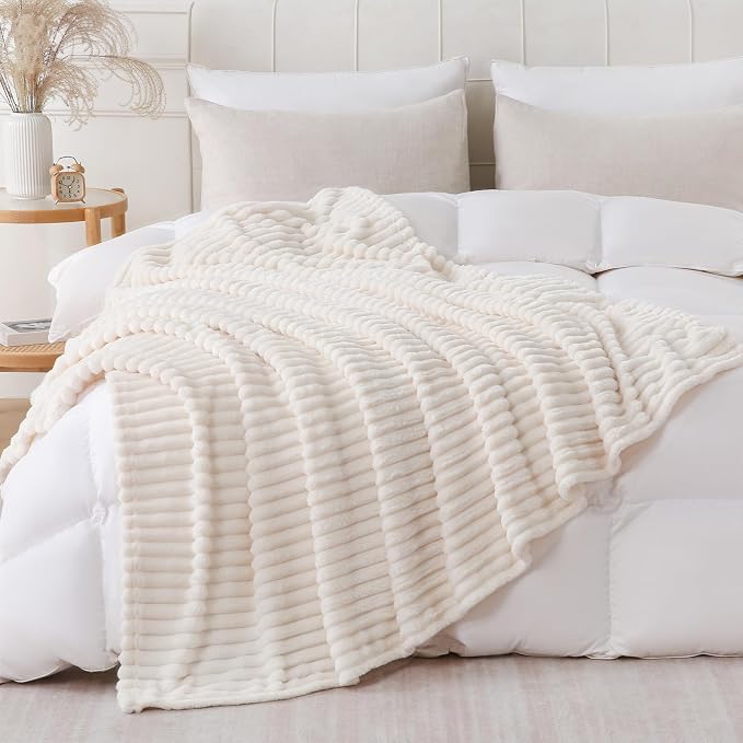 Cream White Throw Blanket for Couch Sofa 50x60 inches Striped Design | Fleece - Image 4