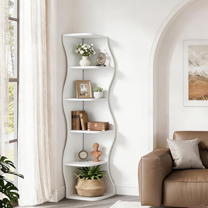 VECELO Wavy Corner Shelf with LED Light, Decorative 6-Tier Corner Display - Image 5