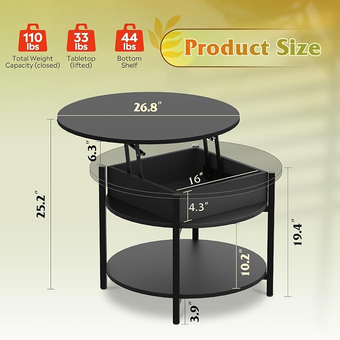 WLIVE Round Lift Top Coffee Table - Image 3