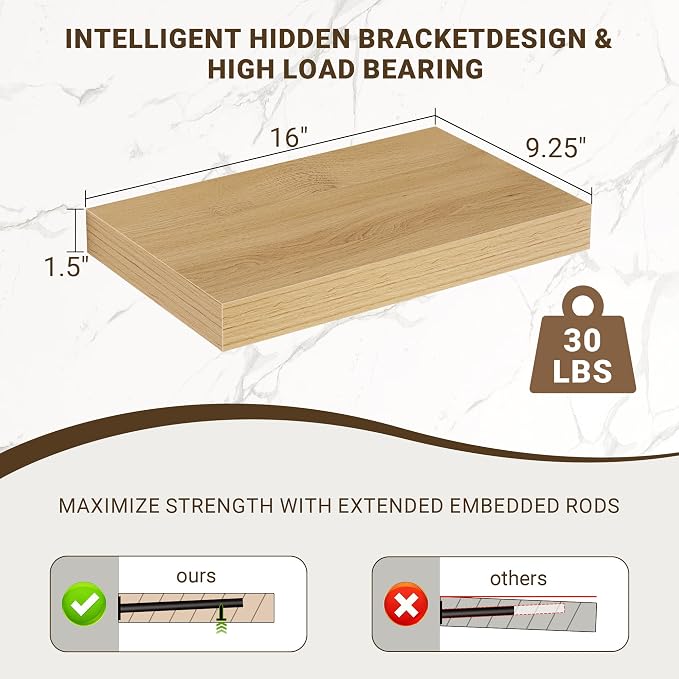 Acovy 16 Inch Floating Shelves, 3D Textured Wood Grain, Wooden Shelves - Image 3