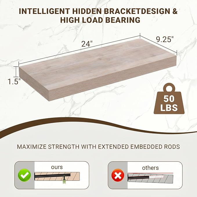 Acovy 24 Inch Floating Shelves, 3D Textured Wood Grain, Wooden Shelves - Image 3