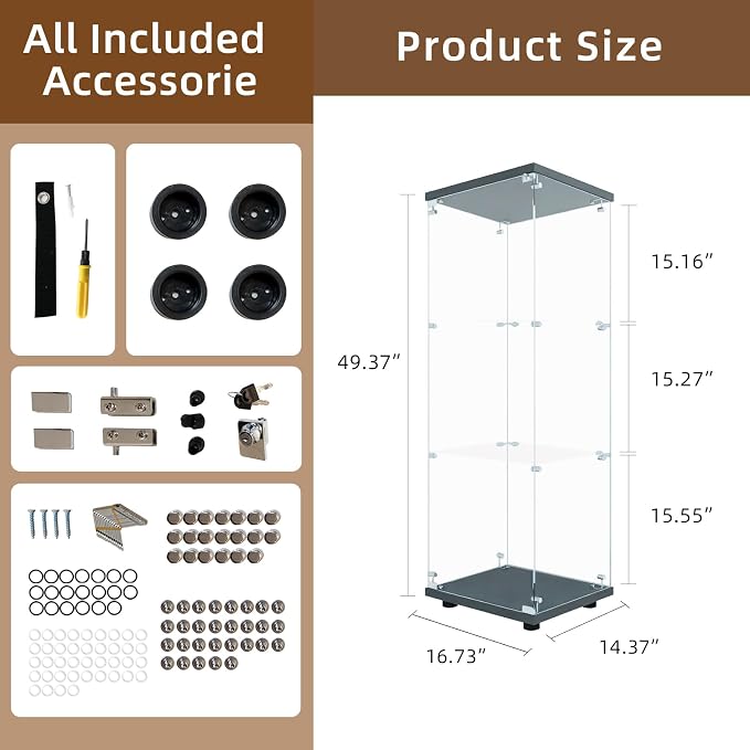 Display Cabinet with Glass Door and Lock, 3-Shelf Fast Installation Curio - Image 2