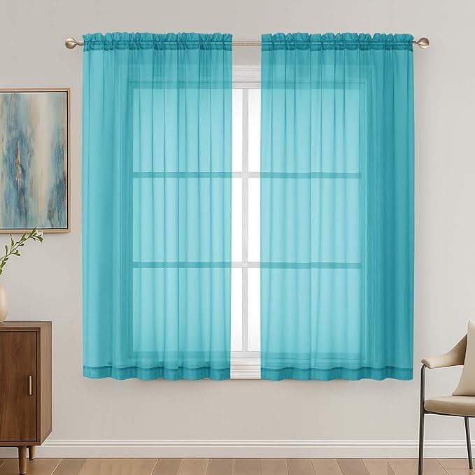 Turquoise Sheer Curtains 63 Inches Long 2 Panels Set, Light Filtering Sheer by OVZME