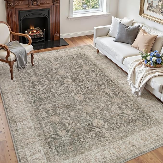 5x7 Area Rugs Living Room: Bedroom Washable Carpet Warm Taupe | Large Vintage - Image 3