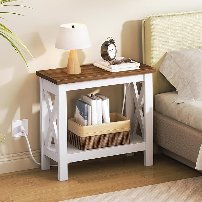 HOOBRO End Table with Charging Station, Farmhouse Narrow Side Table, 2-Tier - Image 5