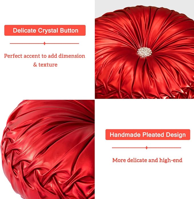 HIG Set of 2 Red Metallic Leather Decorative Round Pleated Throw Pillows | - Image 4