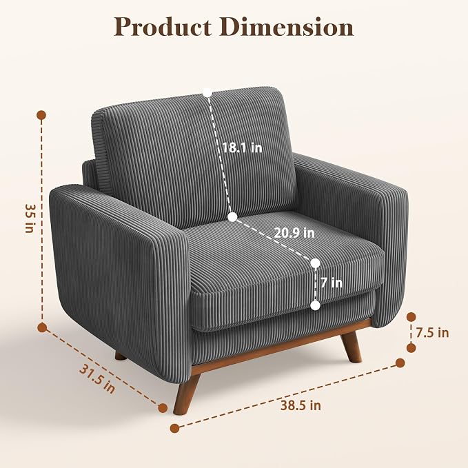 Vesgantti 38.5" Accent Chair Dark Gray, Comfy Corduroy Single Sofa Seat - Image 2