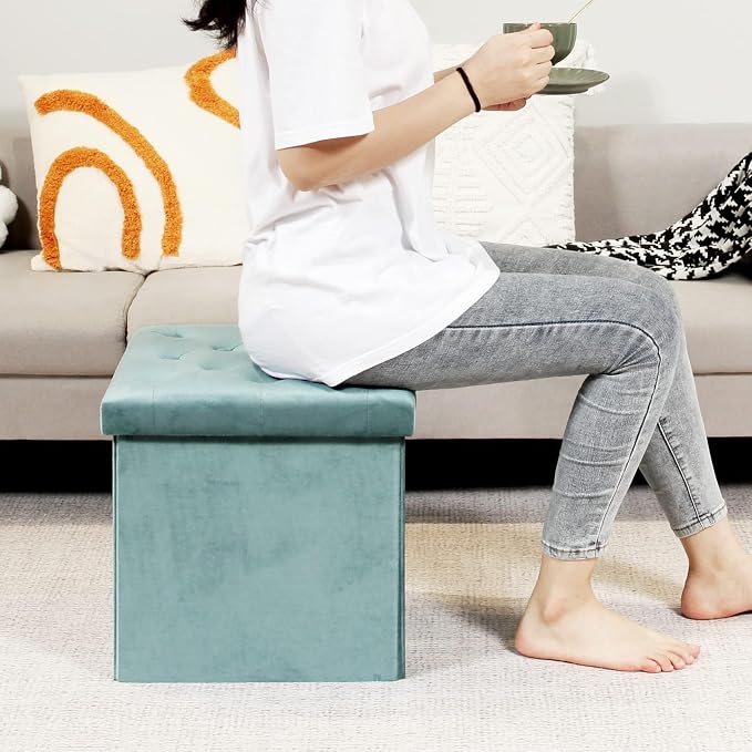 B FSOBEIIALEO Storage Ottoman Cube Velvet Tufted Folding Ottomans Footstool - Image 4