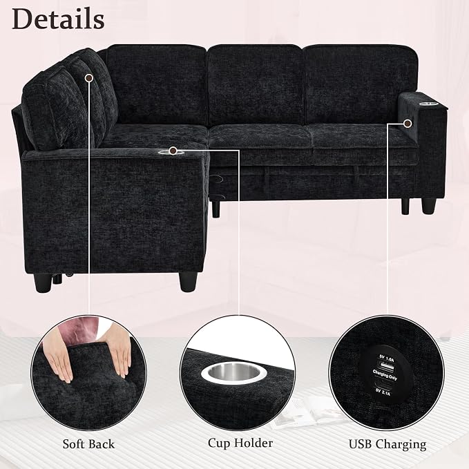 L-Shaped Sectional Couch with Storage and Pull Out Bed, Convertible Sofa Bed - Image 8