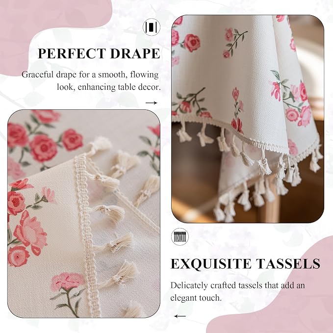VClife White and Pink Print Table Cloth, Linen Texture Tablecloth - Image 3