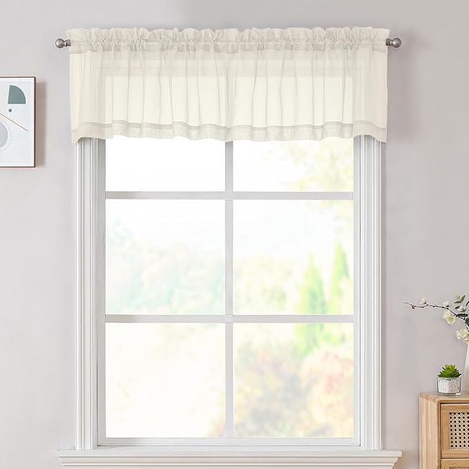 Cream Sheer Valances for Windows 14 Inch Length 2 Pcs, Light Filtering Short by OVZME