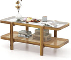 Giantex Rattan Coffee Table, 47.5" Rectangle Solid Wood Tea Table w/Tempered - Image 9