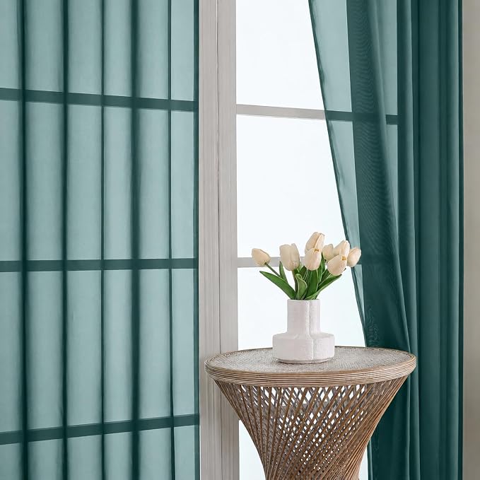 Hunter Green Sheer Curtains 63 Inches Long 2 Panels Set, Light Filtering Sheer - Image 3